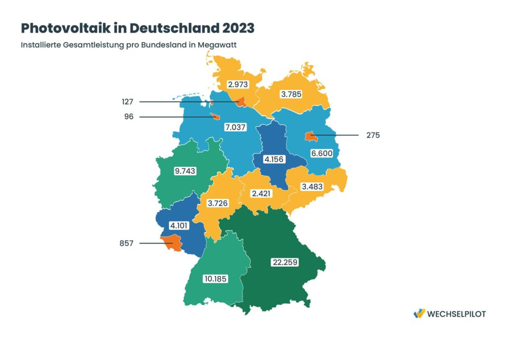Deutschlandkarte mit einer Übersicht der installierten Photovoltaik-Anlagen in Deutschland 2023