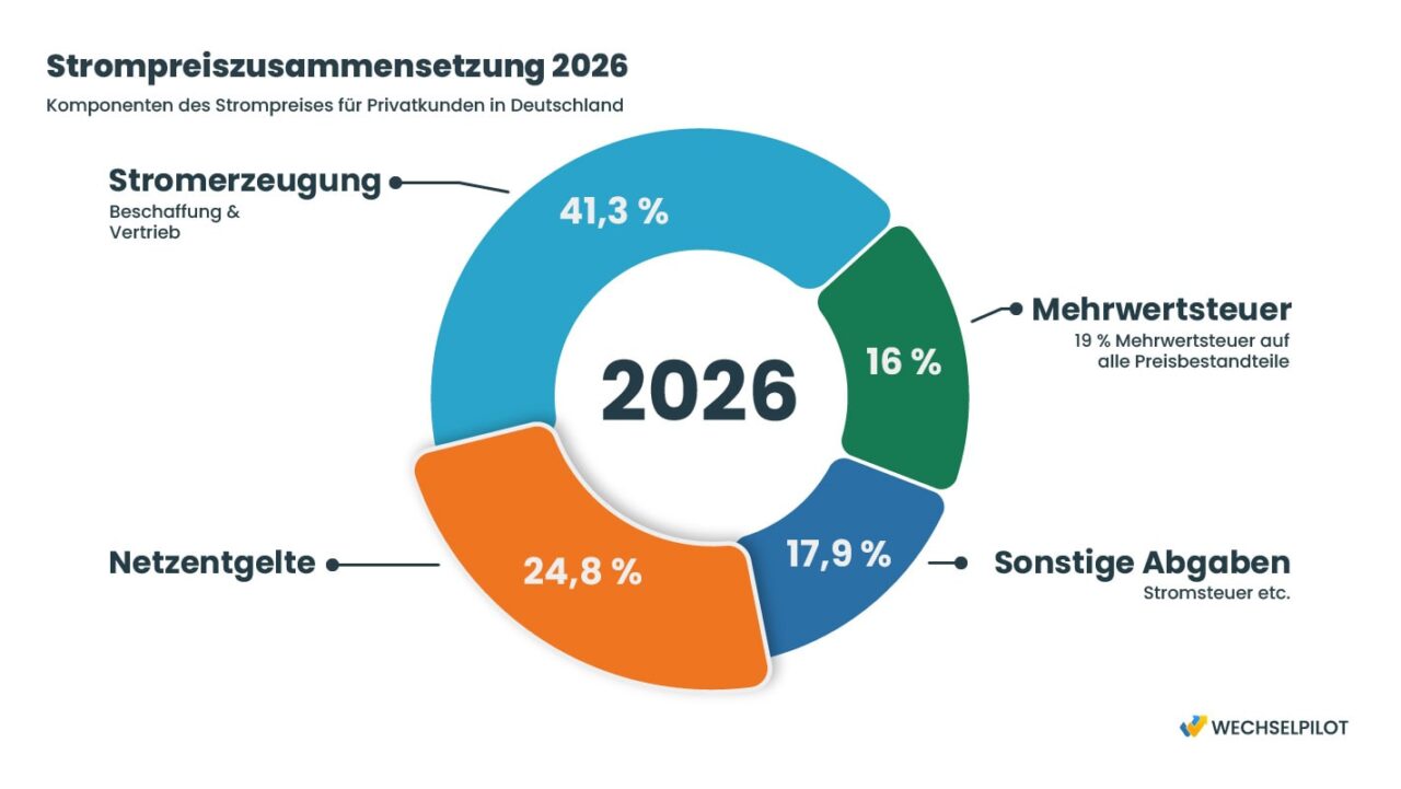 Strompreiszusammensetzung, Netzentgelte 2026 bei 24,8 %