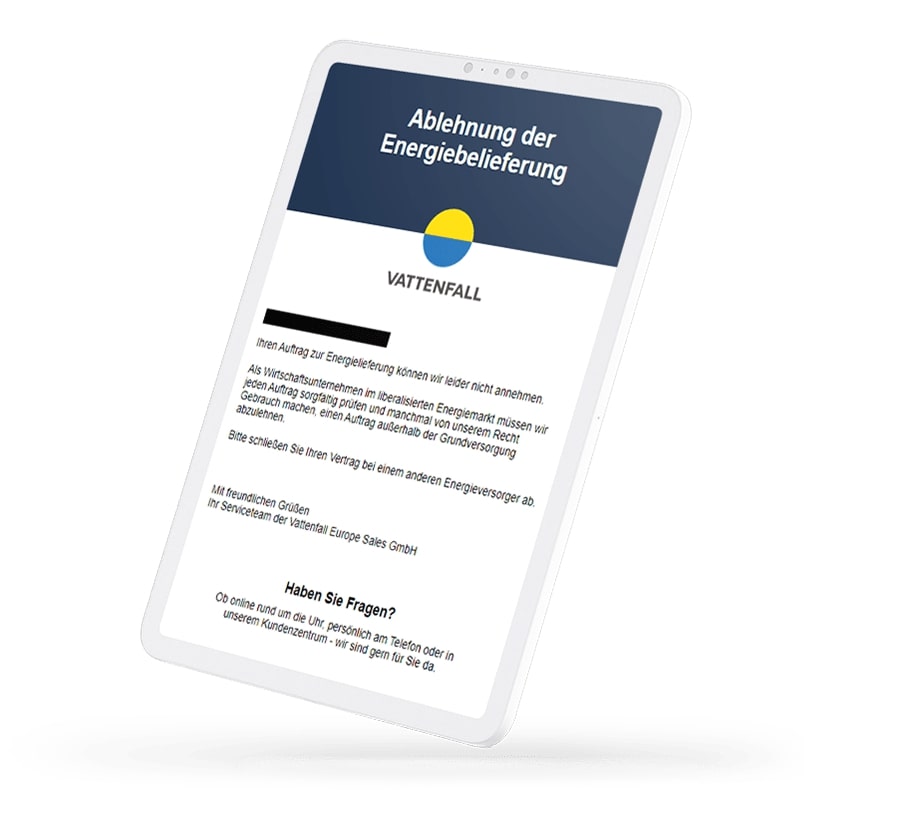 Versorgerablehnung auf dem Energiemarkt - Eine Erklärung für die Ablehnung von einem Wechselpilot-Kunden lieferte Vattenfall nicht